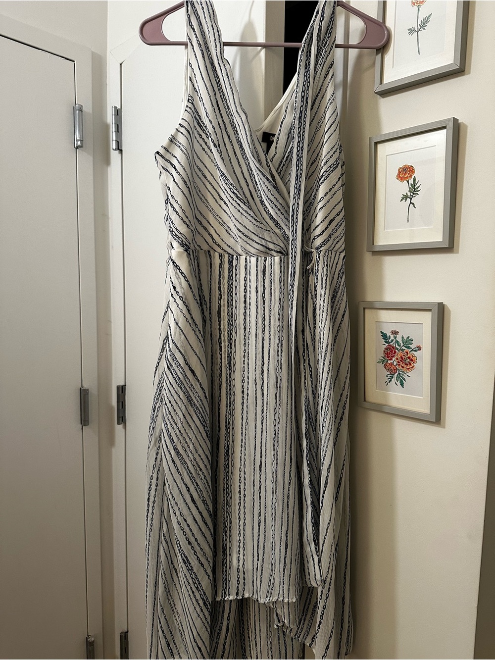 DKNY Cream and Navy Striped Midi Wrap Dress